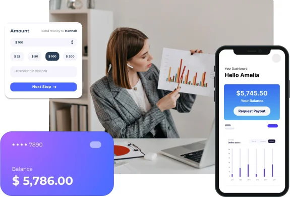 MLM Mobile App: Woman presenting MLM sales chart, surrounded by app dashboard, wallet balance, and withdrawal details.