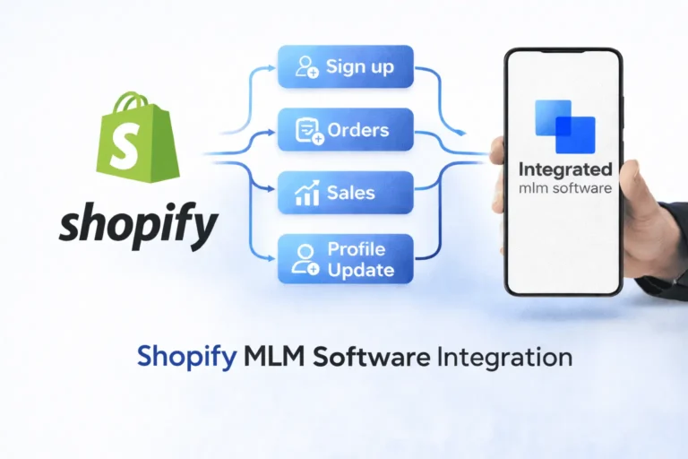 Shopify MLM software integration showing Shopify store connected with MLM system